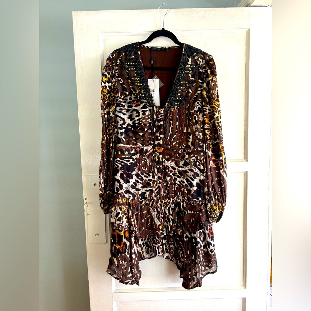 Karen Millen animal print Cornelli Studded Military Tiered mini Dress women’s 14